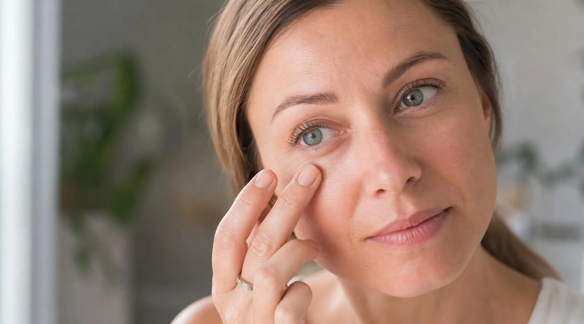 Woman gently touching the skin beneath her eye, expressing relief from dry eye symptoms