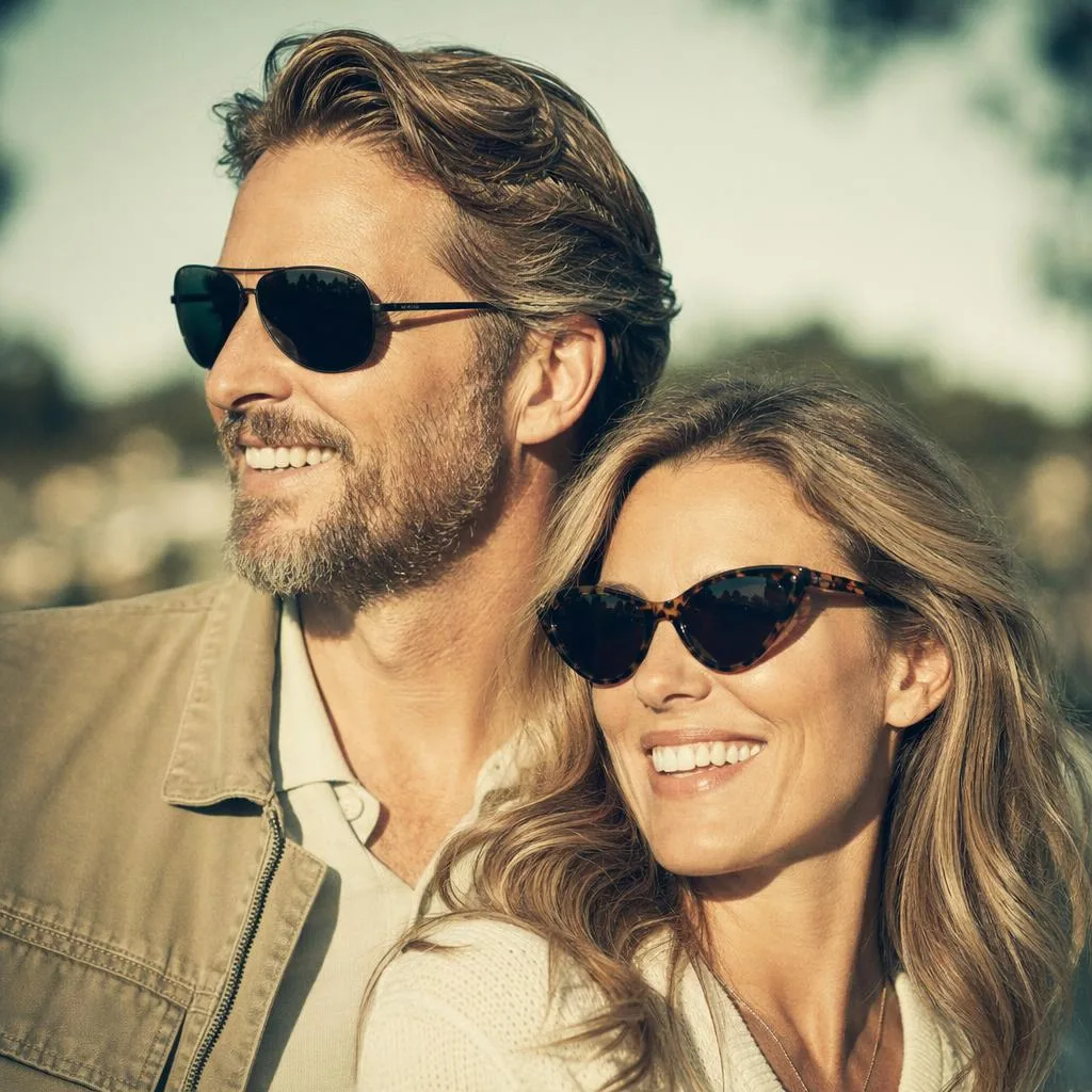 Couple wearing prescription sunglasses outdoors