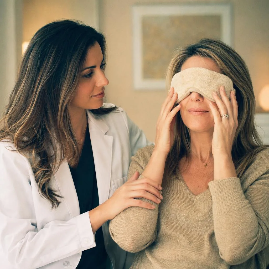 Optometrist administering eye drops during a dry eye treatment