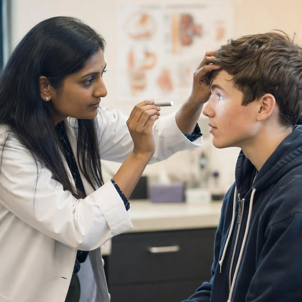 Optometrist examining a patient with a slit lamp during emergency care