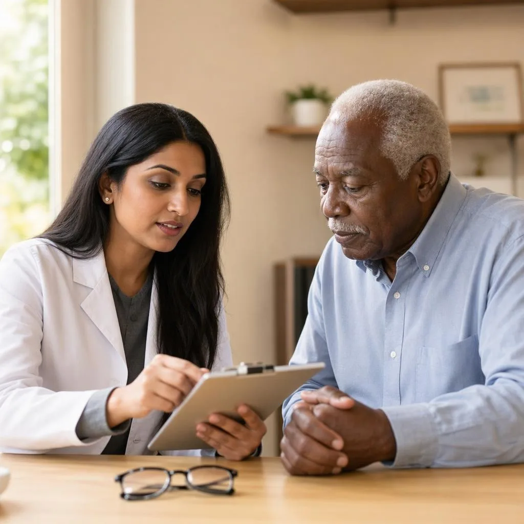 Optometrist performing a comprehensive eye exam with a phoropter