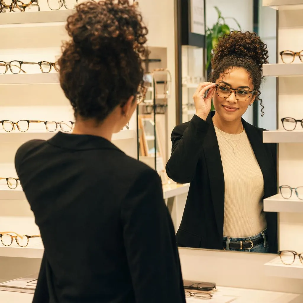 Optician helping a patient choose eyeglass frames at Avon Eye Care