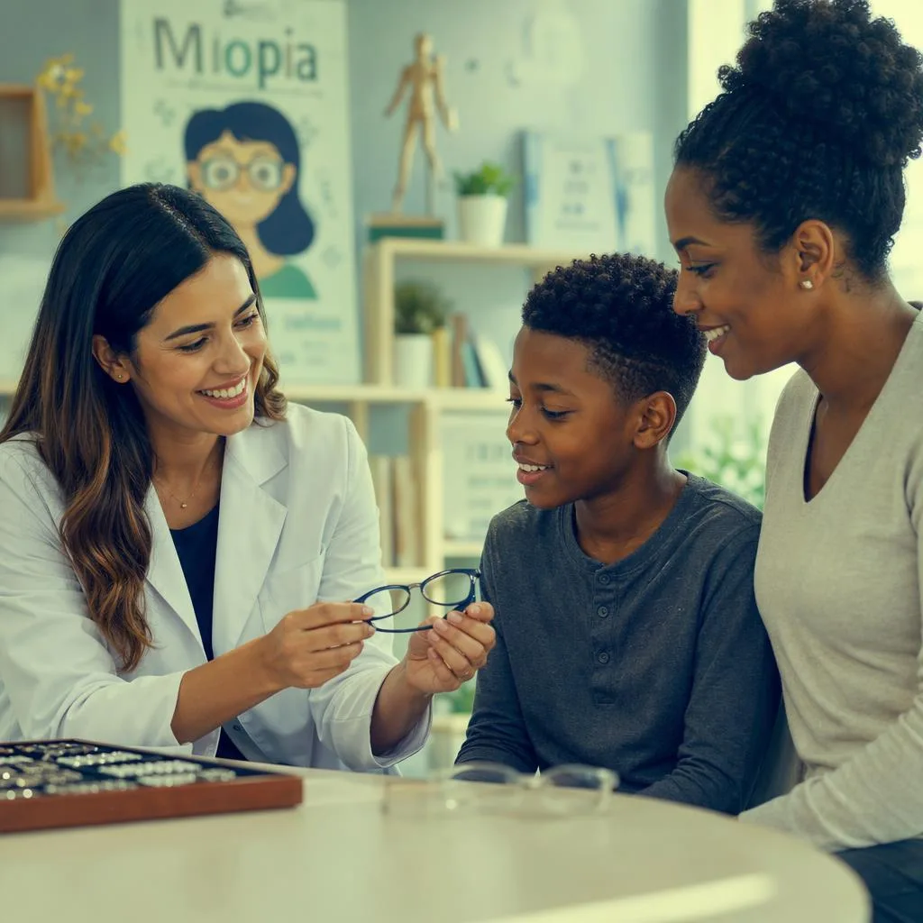 Optometrist consulting with a child about myopia control